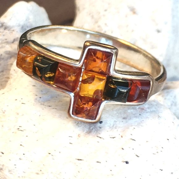 Baltic Amber Multicolor Cross Ring .925 Sterling Silver Genuine Gemstones - Picture 8 of 15